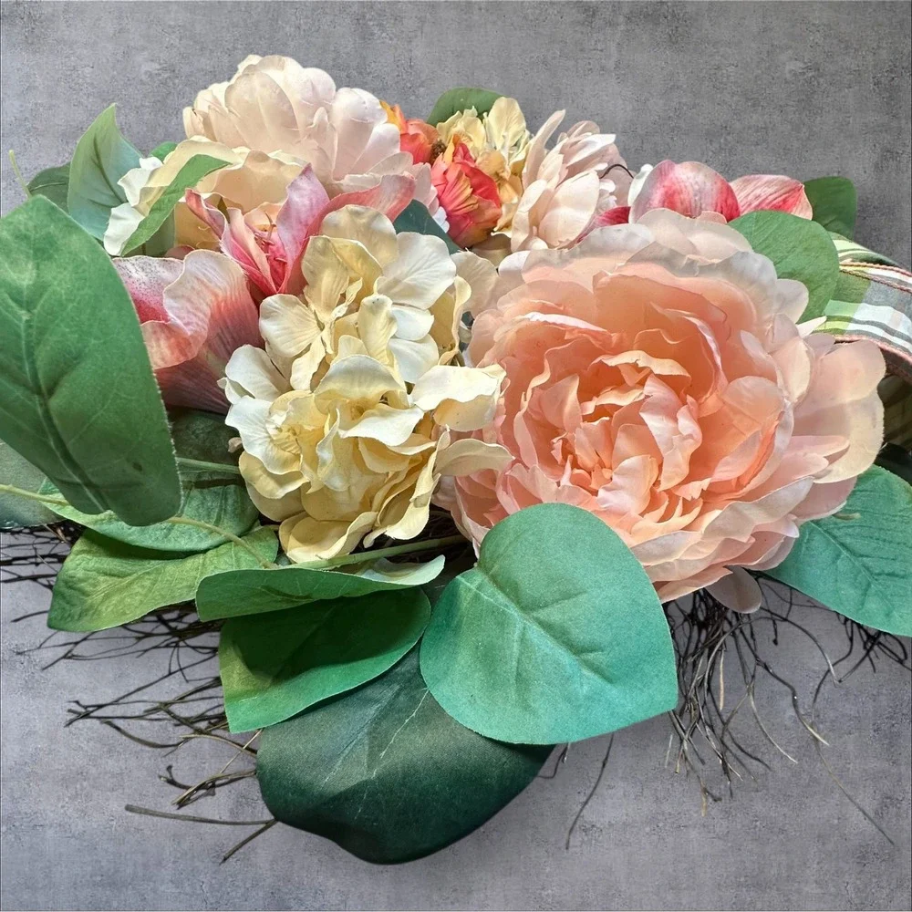 Spring‎ Floral Wreath Peony Hydrangea Faux Flowers Green Plaid Bow 22